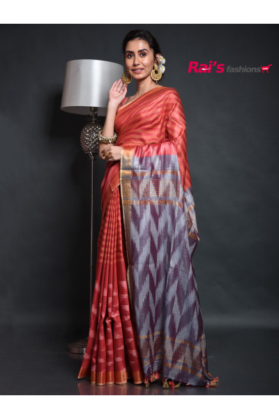Premium Quality Cotton Ikkat Saree With Golden Zari Border And Contrast Color Ikkat Pallu (RAI201001821)